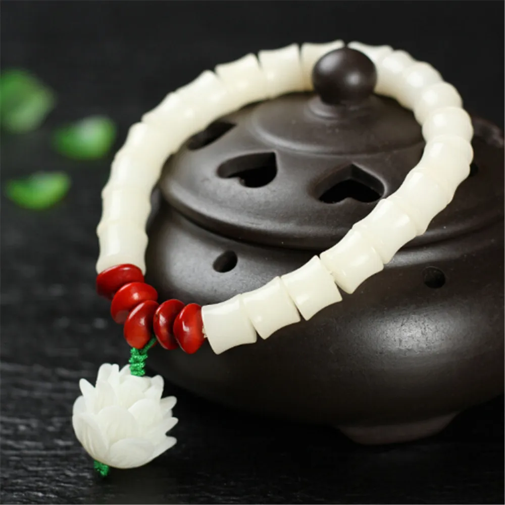 

New Natural White Bodhi Root Red Bean Charm Bracelet One Circle Bamboo Style Beads Bracelet with Carved Lotus Pendant for Women