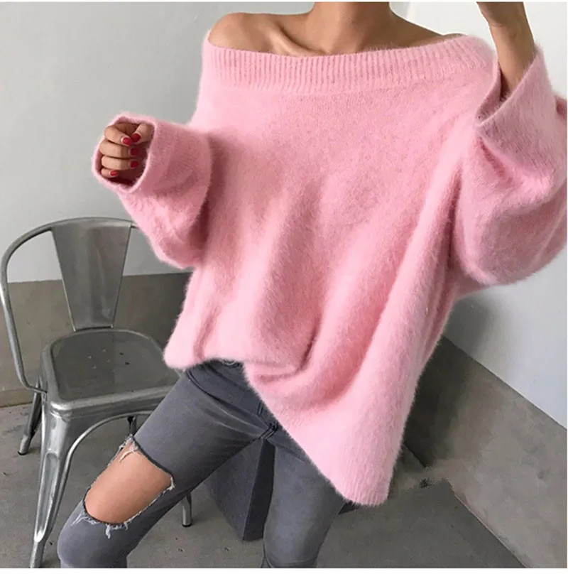 WHITNEY WANG 2018 Autumn Winter Fashion Streetwear Sexy Slash neck Mohair Sweater Women jumper pull femme Pullovers Sweaters | Женская