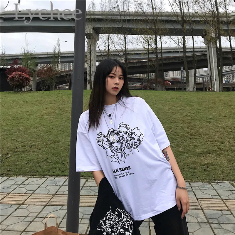 

Lycheee Harajuku Face Letter Print Women T-shirt Crew Neck Short Sleeve Color Block Hit Color Loose Spring Summer Female T Shirt