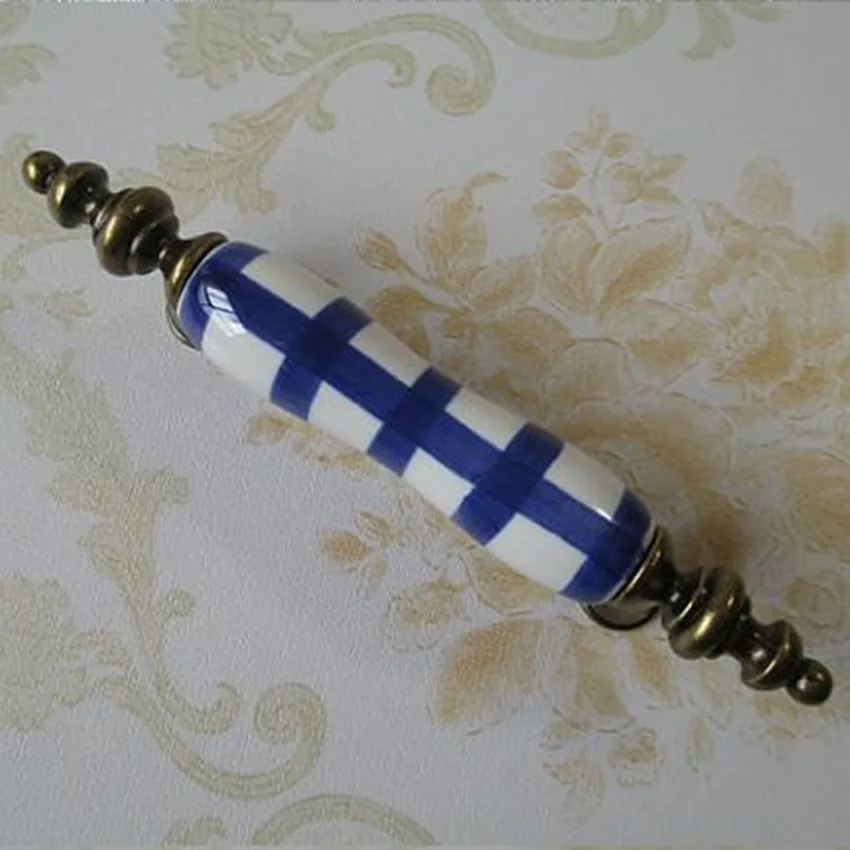 

76mm vintage fashion furniture handle 3" antique bronze kitchen cabinet drawer pull knob white blue gird ceramic dresser handle