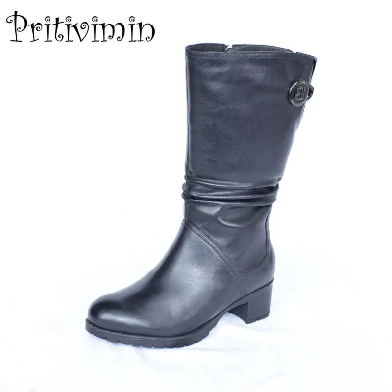 

2018 Winter girls warm fur mid calf boots new branded ladies genuine leather handmade shoes women footwear Pritivimin FN25B