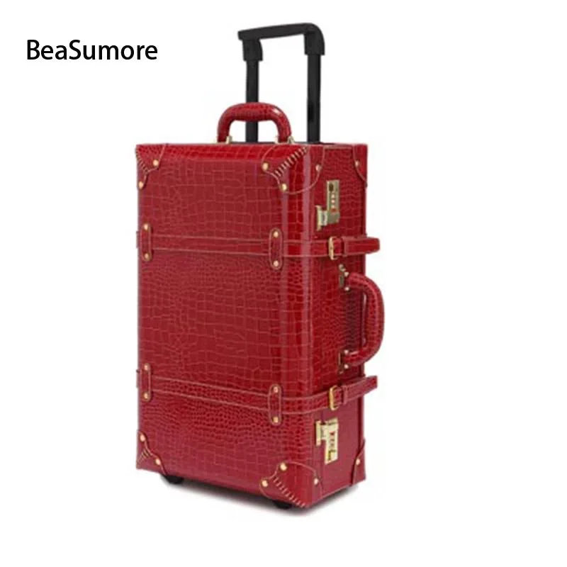 22 inch wine 2 wheel BeaSumore Ретро Крокодил из искусственной кожи сумки на колёсиках наборы Spinner Для женщин пароль чемодан колеса 20 дюймов кабина винтаж тележка - Цвет: 22 inch wine 2 wheel