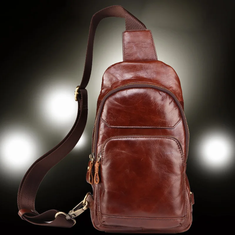 

First Layer Cowhide Trend Sling Chest Bags Day Pack Retro Travel Genuine Oil Wax Leather Messenger Single Rucksack Shoulder Bag