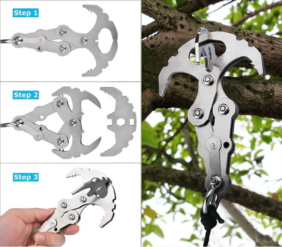 Survival Stainless Steel Folding Grappling Hook Outdoor High Performance Climbing Claw Carabiner Travel Rescue Tool | Спорт и