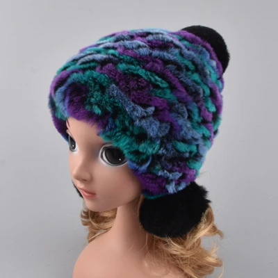 multicolor 4 Зимние меховые шапки для девочек из натурального меха кролика Рекс, шапка-ушанка с шариками, детская вязаная шапка с помпоном ручной вязки, шапочки, шарф-кольцо - Цвет: multicolor 4