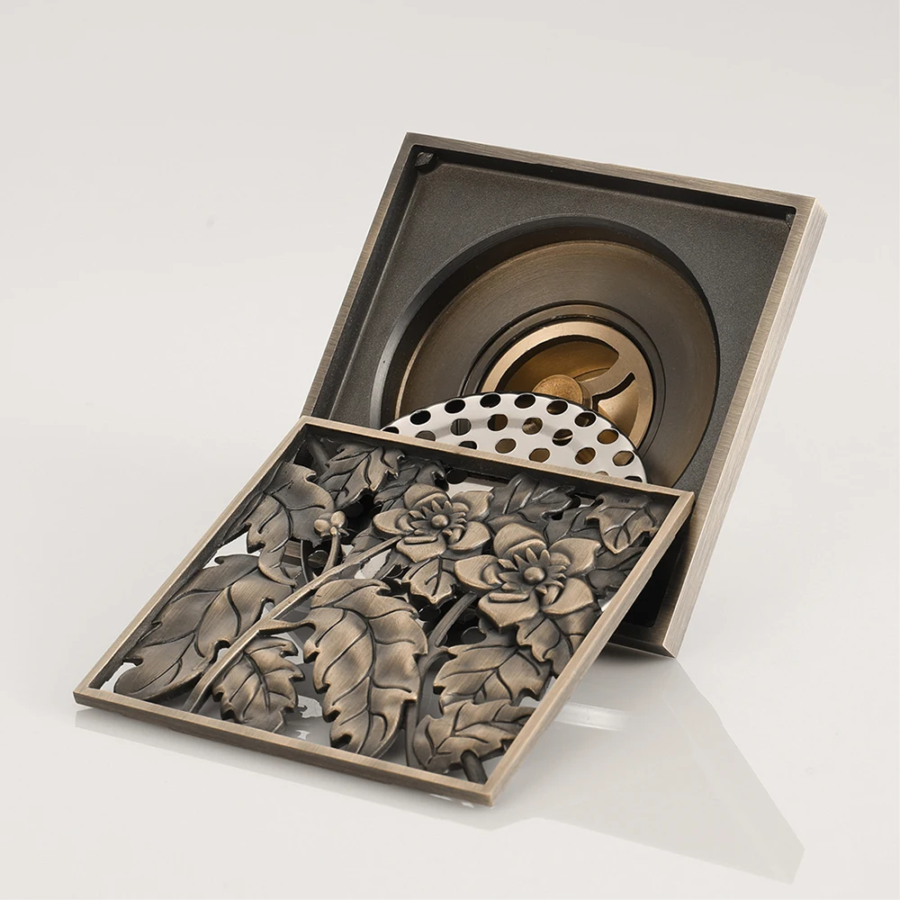 

HIDEEP Beautiful flowers & Leaves Pattern Carved Art Drains Bathroom Shower Deodorization Type Shower Drain Classic Brass Cover