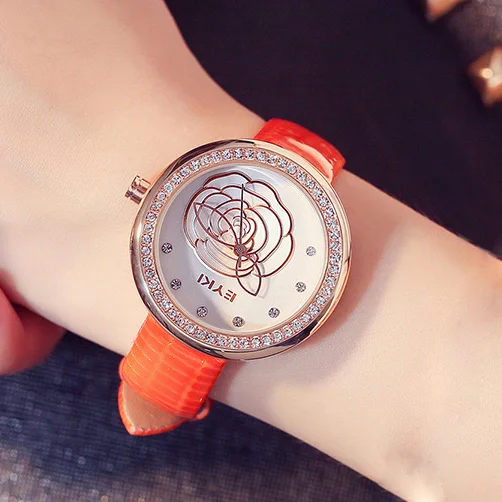orange watch Бренд Eyki, женские кварцевые часы из натуральной кожи с рельефными цветами, женские черные, белые, под платье, наручные часы для женщин, Relogio Feminino - Цвет: orange watch