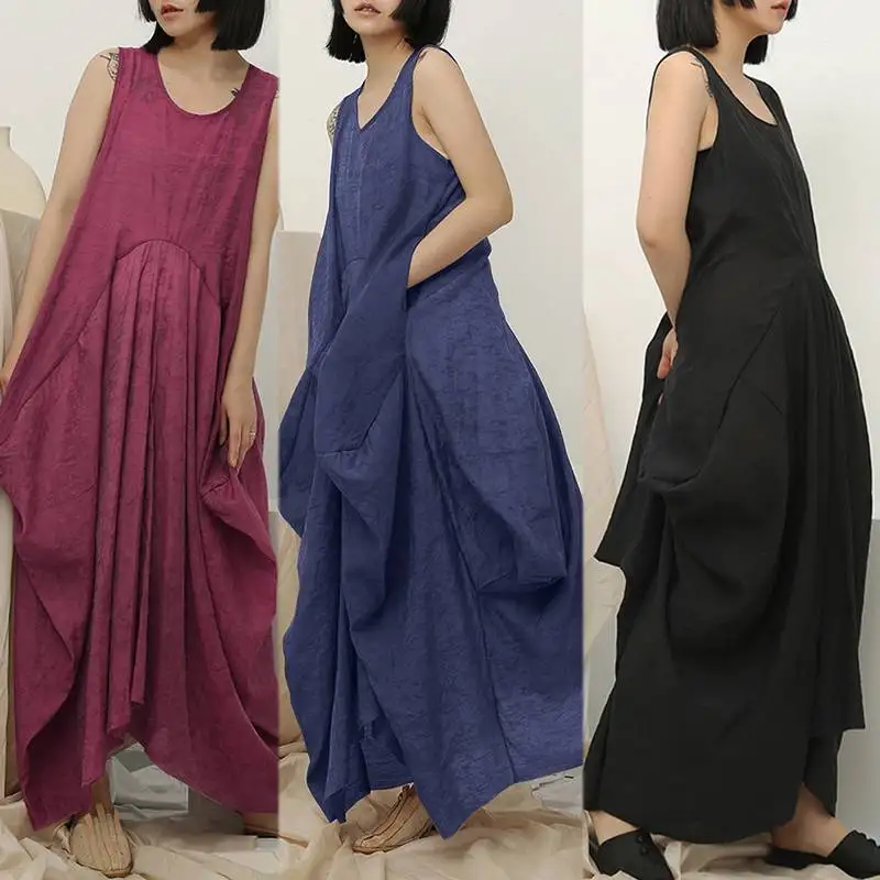 Сарафаны Vestido, женское асимметричное платье, ZANZEA, без рукавов, пляжное макси платье, женское Плиссированное мешковатое льняное платье, Femme S-5XL