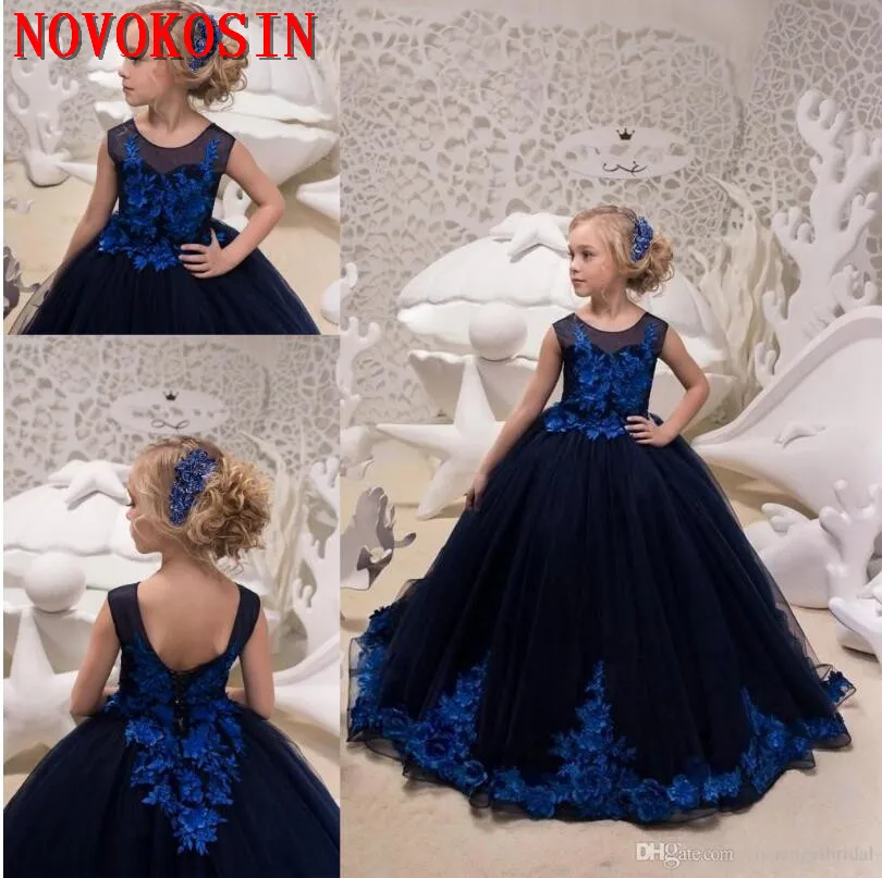 Бальное платье из тюля для девочек темно синее Пышное Платье принцессы без