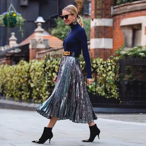 Женская плиссированная юбка с блестками, трапециевидная Макси-юбка с высокой талией и блестками длиной 80 см, 2019