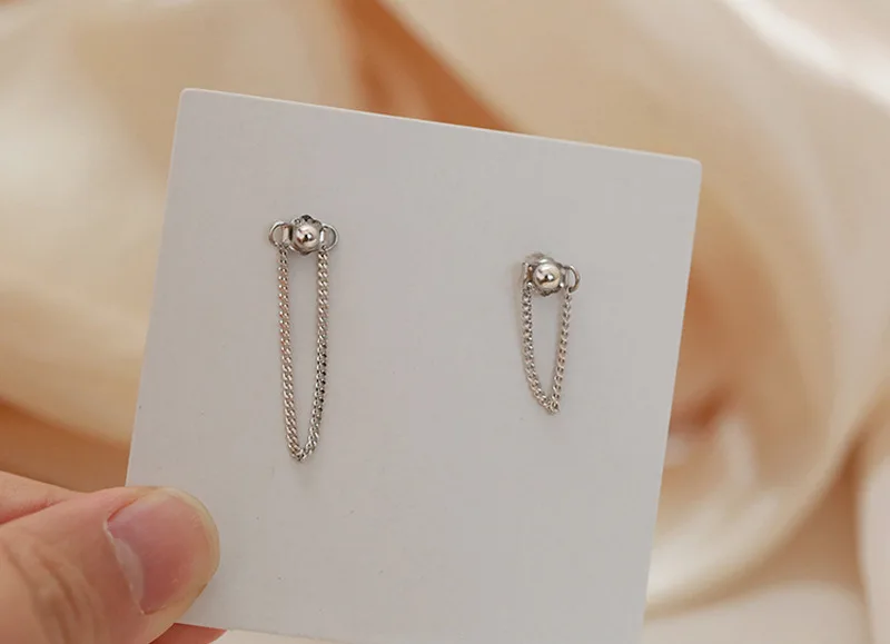 Серебряные круглые серьги-гвоздики с бусинами и цепочкой 925, оригинальные серьги с задней подвеской для женщин, минималистичное ювелирное изделие в подарок