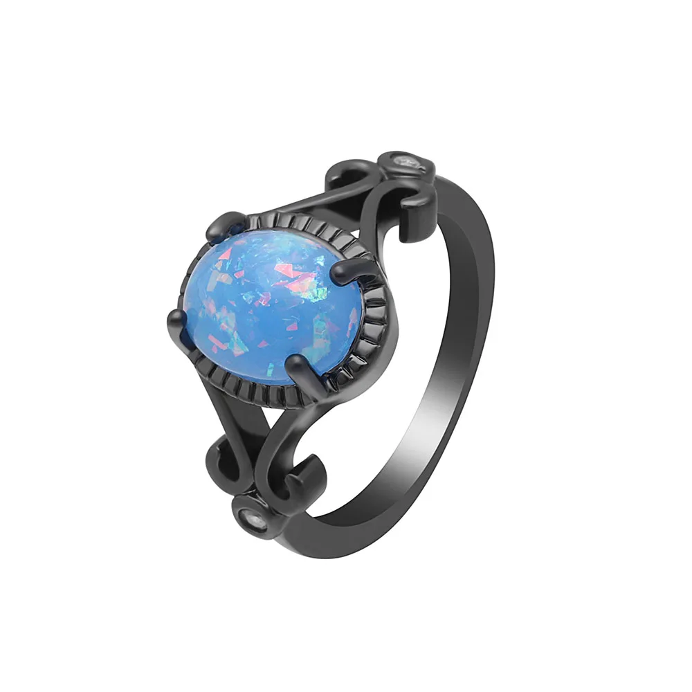 

2023 Elegant Temperament Rings Oval Blue Opal Fashion Punk Wedding Black Gold Anilos Filled Engagement Promise Jewelry For Women