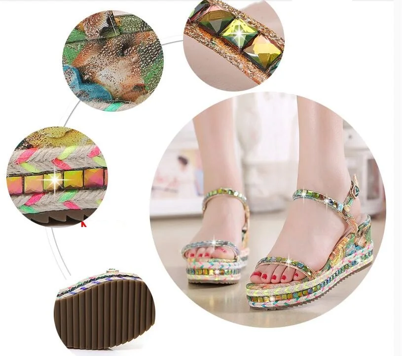 

New Size 34-40 Hot 2021 Summer Lady Fashion High Heel Wedge Sandals Elegant Flower Rivets Design Lady Fashion Floral Shoes B035