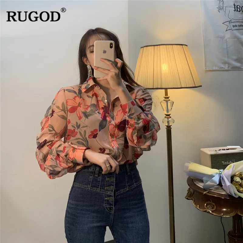 RUGOD/женские рубашки с цветочным принтом элегантные свободные рукавами в форме