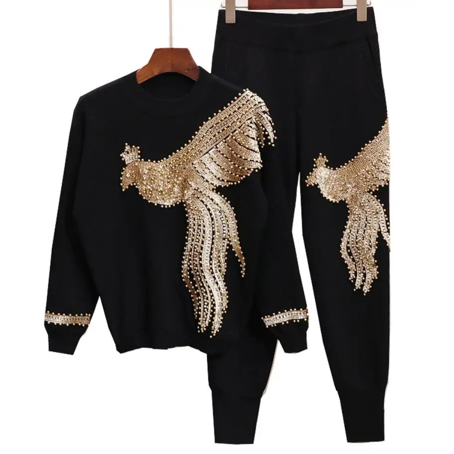 

Women two piece set 2021 winter 2 pieces sweater suits Beading Phoenix sweater+ knitted pants set