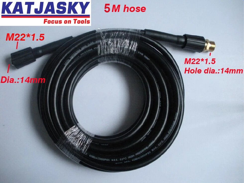 

Car washer hose 5M 400Bar 5800PSI,two ends are M22*1.5mm*14mm with free connector ,high pressure washer hose K580