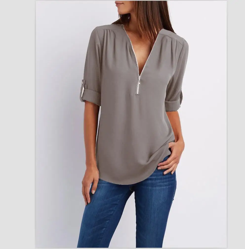 2018 New Shirts Spring Summer Fashion Women Tops Casual Street Half Sleeve V-Neck Blouse Loose Plus Size Zipper Chiffon |