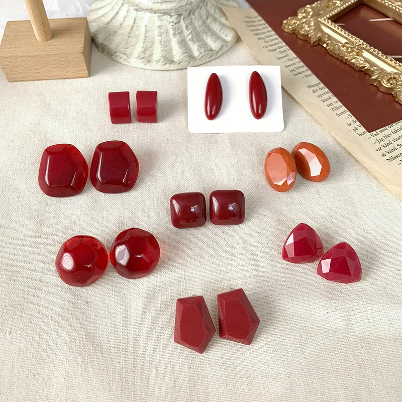 Новые акриловые комбинированные серьги-шпильки геометрического винно-красного цвета простые клипсы для ушей для женщин.