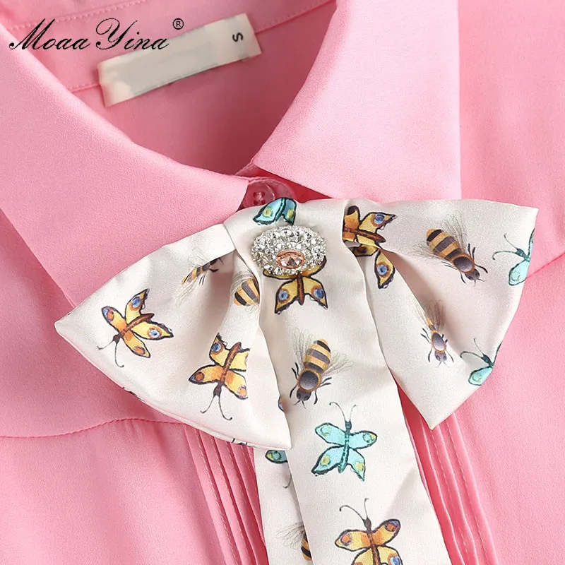 MoaaYina Designer Set summer Women Long Sleeves Bowknot Crystal Ruched Pink Shirt+Cartoon Character Sexy Mini Short Skirts | Женская