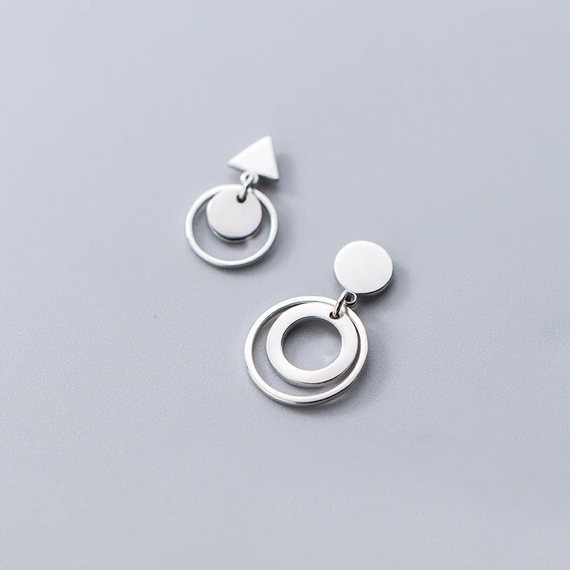 

MloveAcc Real 925 Sterling Silver Geometric Triangle Round Charm Drop Earrings Punk Asymmetry Earrings