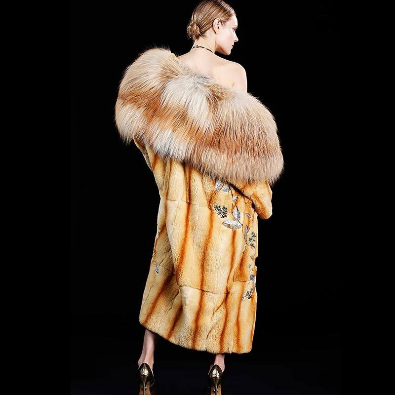 LVCHI 2019 Natural fur winter Long coat luxurious import Limited customization real mink Wild fox Collar Platinum grade fur coat