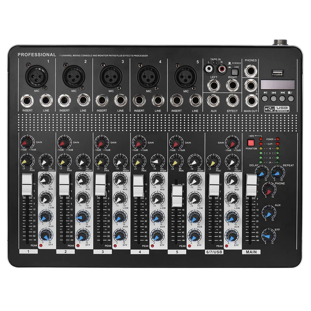 7-Channel Mic Line Audio Mixer Mixing Console with 3-band EQ 48V Phantom Power USB Interface 2 stereo channels | Спорт и развлечения