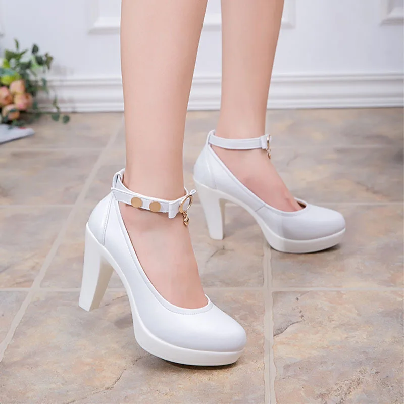 White Heels 8.8CM Женская обувь из натуральной кожи; цвет белый, черный; обувь на платформе с квадратным каблуком; женская обувь на высоком каблуке с ремешком на щиколотке; обувь для офиса; Новинка - Цвет: White Heels 8.8CM