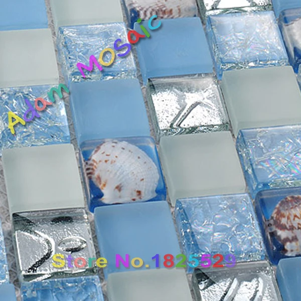 Синий Белый морские раковины плитки Squared Стекло Внутренняя Раковины Плитка