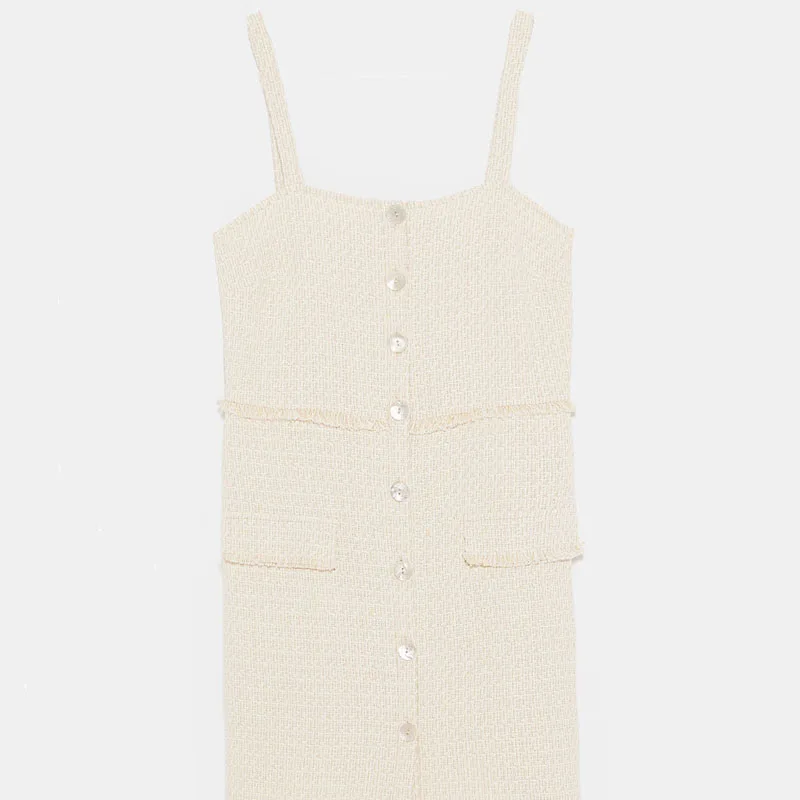 

High Quality Women's 2019 Summer New Tweed Fray Trim Sling Dress Elegant Women Dress