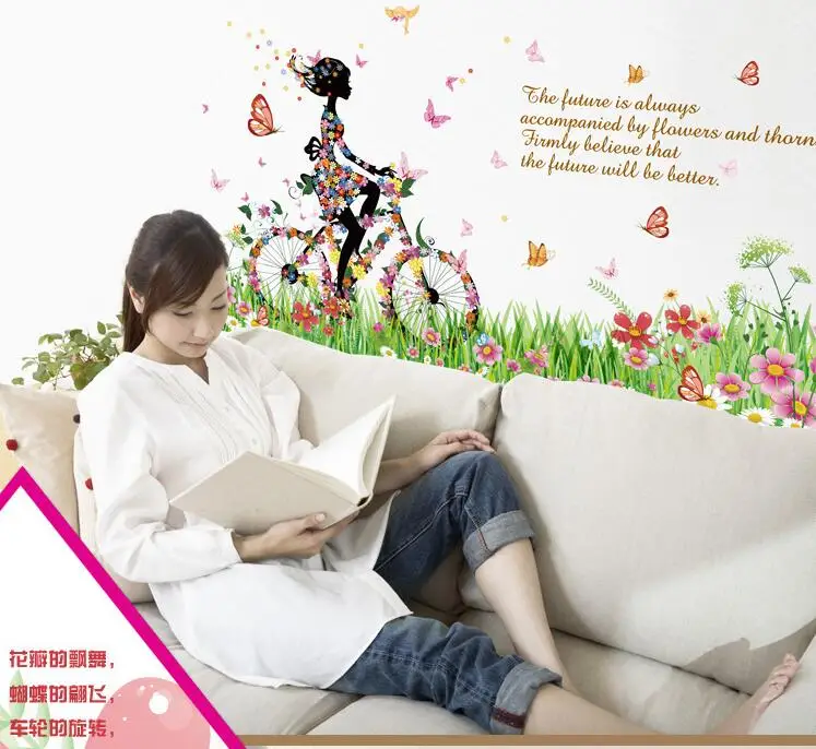 DIY colorful floral flower wall sticker bicycle girl art mural paper character quote home sofa background decals | Дом и сад