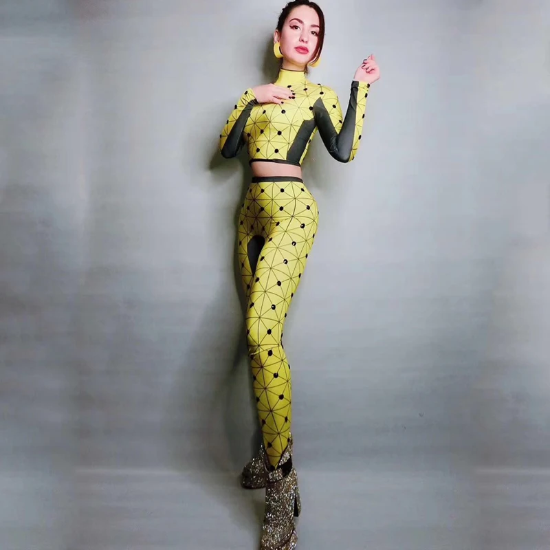 Фетиш ночной клуб сексуальный Zentai желтый костюм 2 шт. вечерняя одежда с длинным