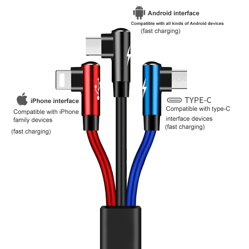 90 градусов 3 в 1 USB кабель Micro USB 8Pin type C кабель для iPhone X 8 Plus USB зарядное устройство шнур для samsung S9 Xiaomi Mi8 3 цвета