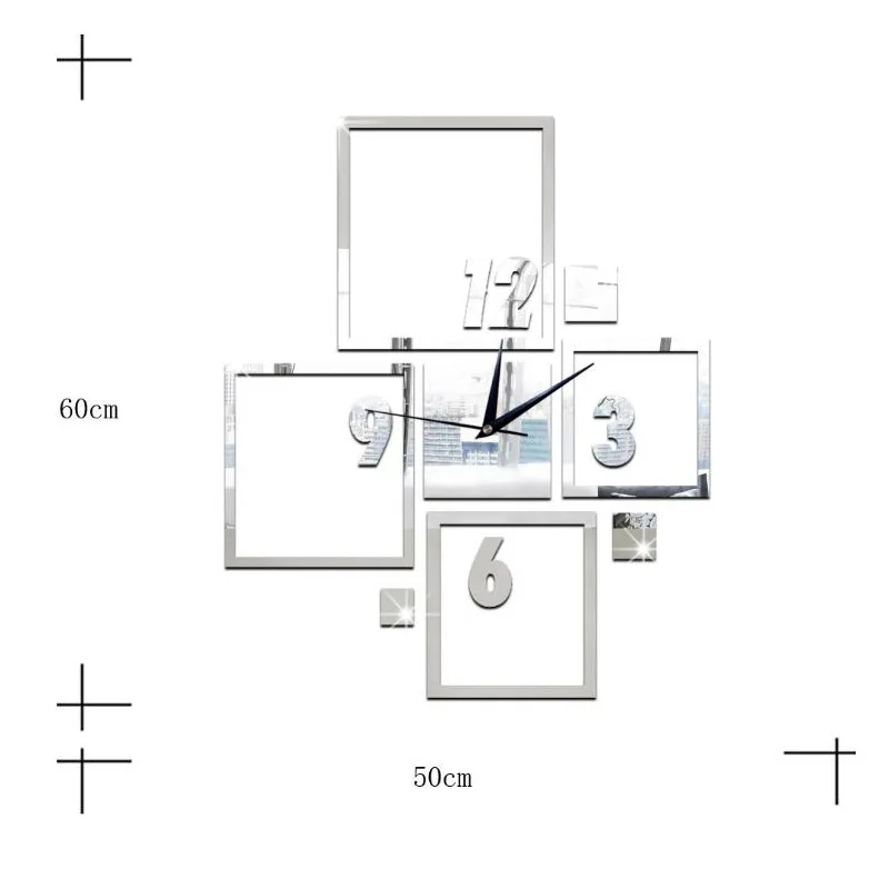 

Creative DIY Clock Wall Stickers Modern Design 3D Crystal Mirror Wall Clock Fashion Black Silver Mix Color Square Wall Clock