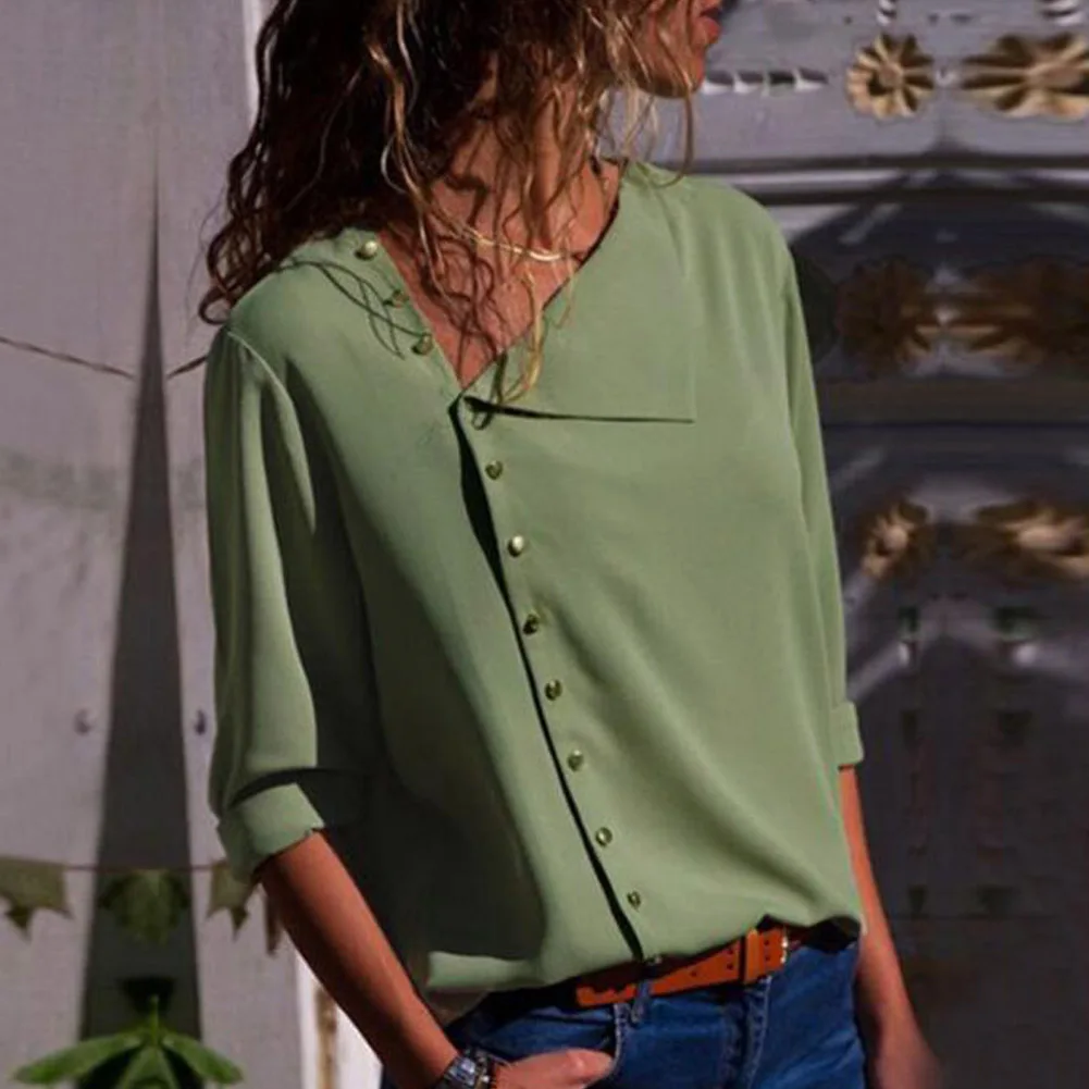 2018 Summer Tops Button Irregular Blouse Women Yellow Long Sleeve Oblique Collar Shirt Female Elegant Autumn Casual Office |