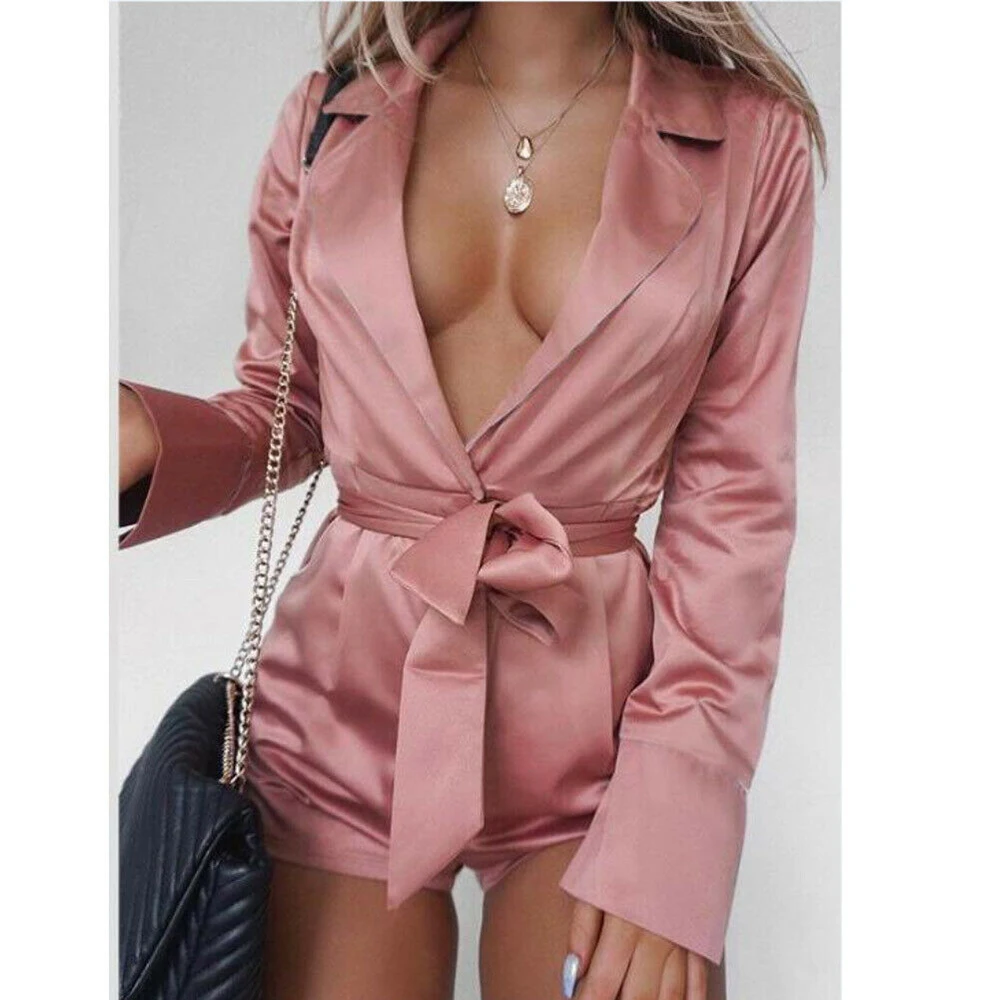 Plus Size Summer Chiffon Bodysuit Women Harajuku Long Sleeve Deep V-Neck Blouse Playsuit Bow Lace Up Rompers Jumpsuit Overalls | Женская