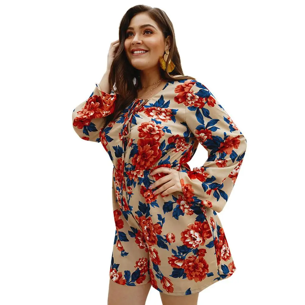 Flower Bodycon Bodysuit Female Rompers Lacing Plus Size 3XL 4XL Women Playsuits Full Sleeve Floral Printed Bodysuits |