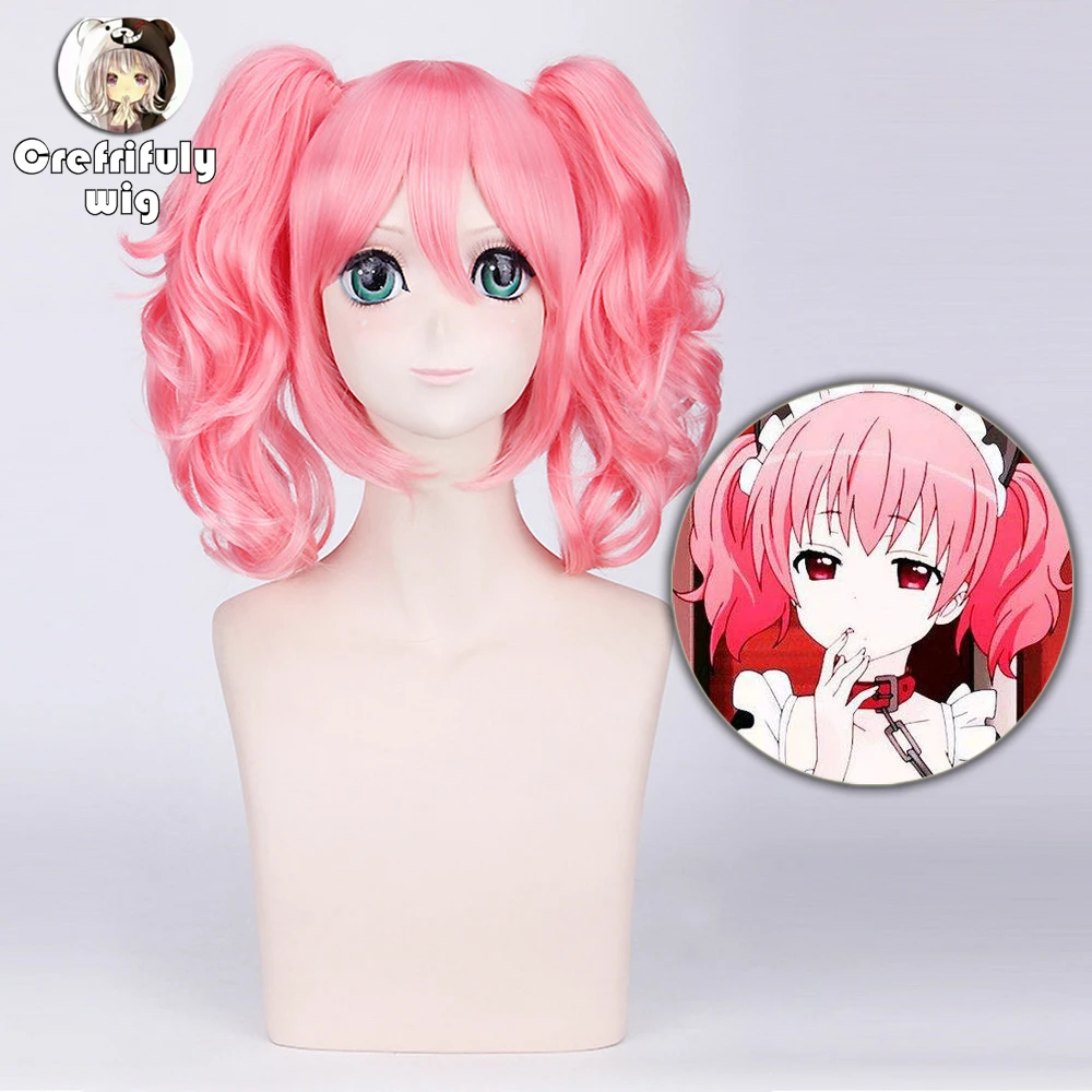 Anime Roromiya Karuta  Inu X Boku SS Pink Short Curly Cosplay Wig Costume 40cm Synthetic Hair Wigs With Chip Ponytails