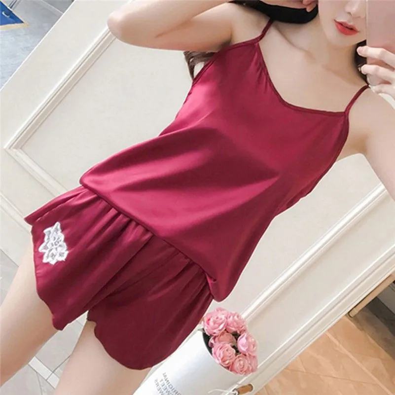 2 шт. женское сексуальное атласное белье без рукавов пижамы с вышитыми цветами