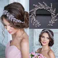 luxury silver color hair jewelry for women pink rhinestone pearl headband handmade bridal hairbands wedding hair accessories