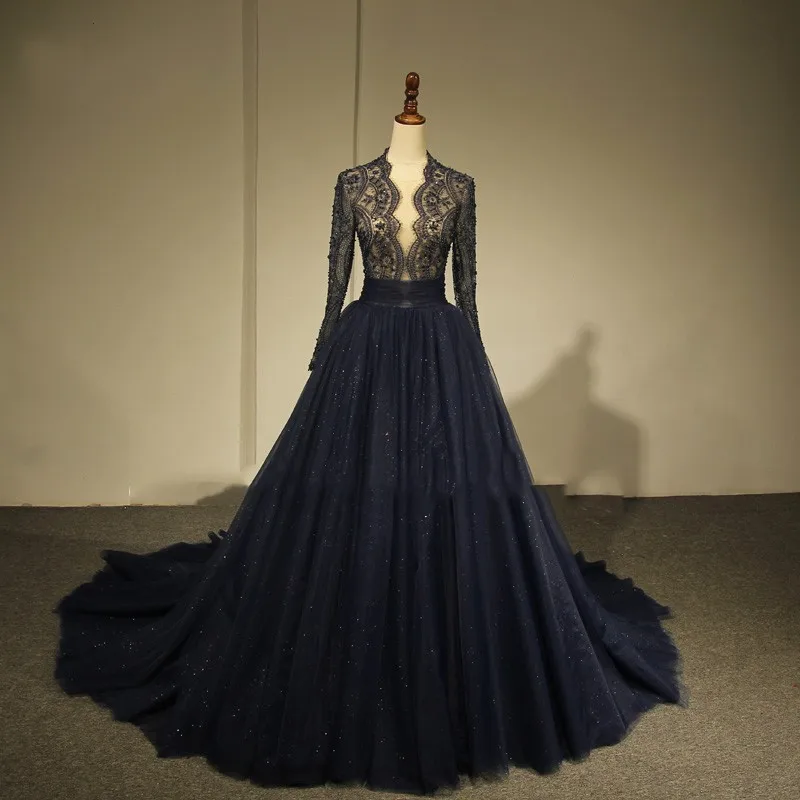 

Modest Evening Dress Navy Blue Full Sleeves robe de soiree longue A Line Evening Dresses Beaded vestido de festa deabendkleider