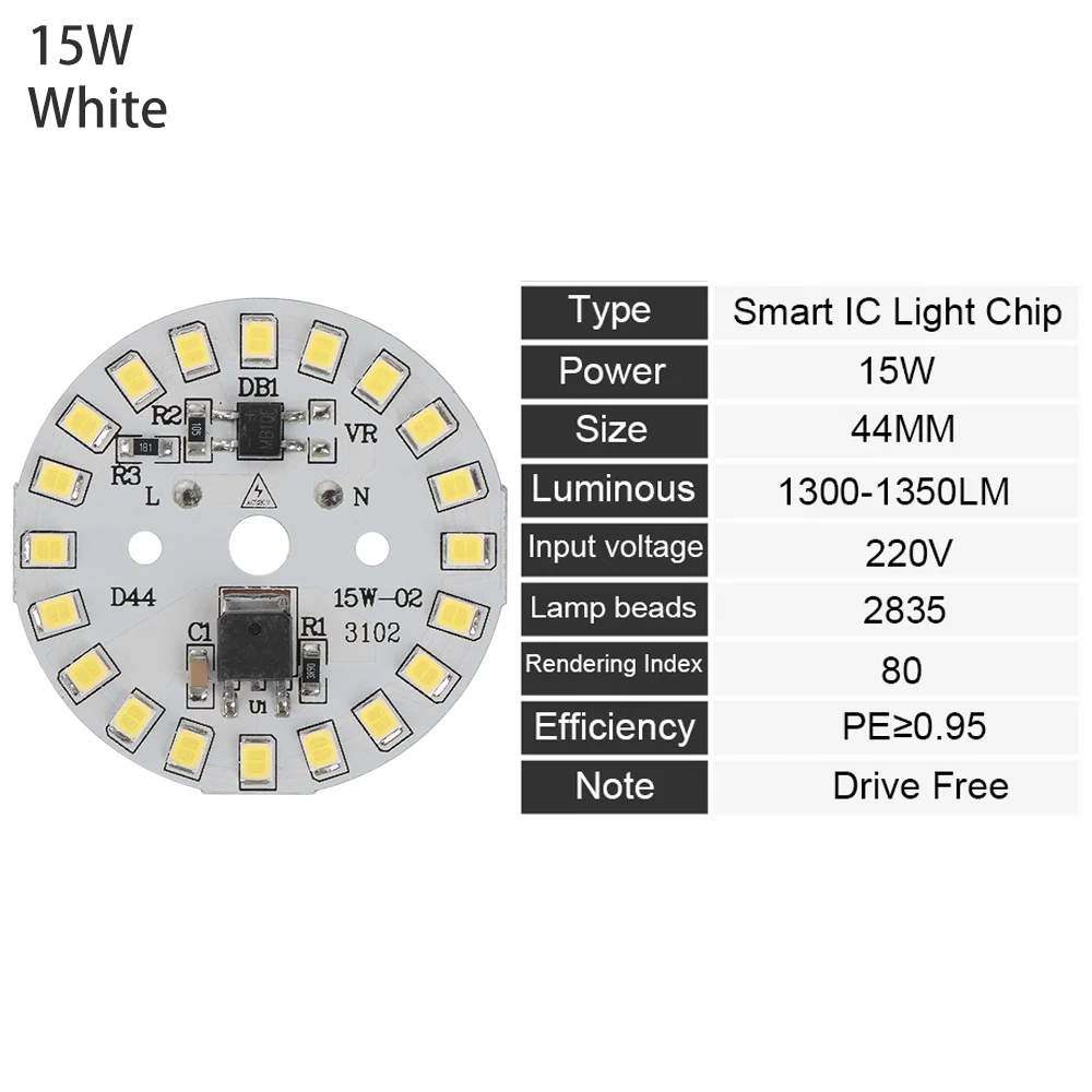 15W Светодиодный светильник SMD 15 Вт, 12 Вт, 9 Вт, 7 Вт, 5 Вт, 3 Вт, светодиодный светильник с чипом ac220в, интеллектуальный IC светодиодный светильник для лампы белого цвета - Испускаемый цвет: 15W