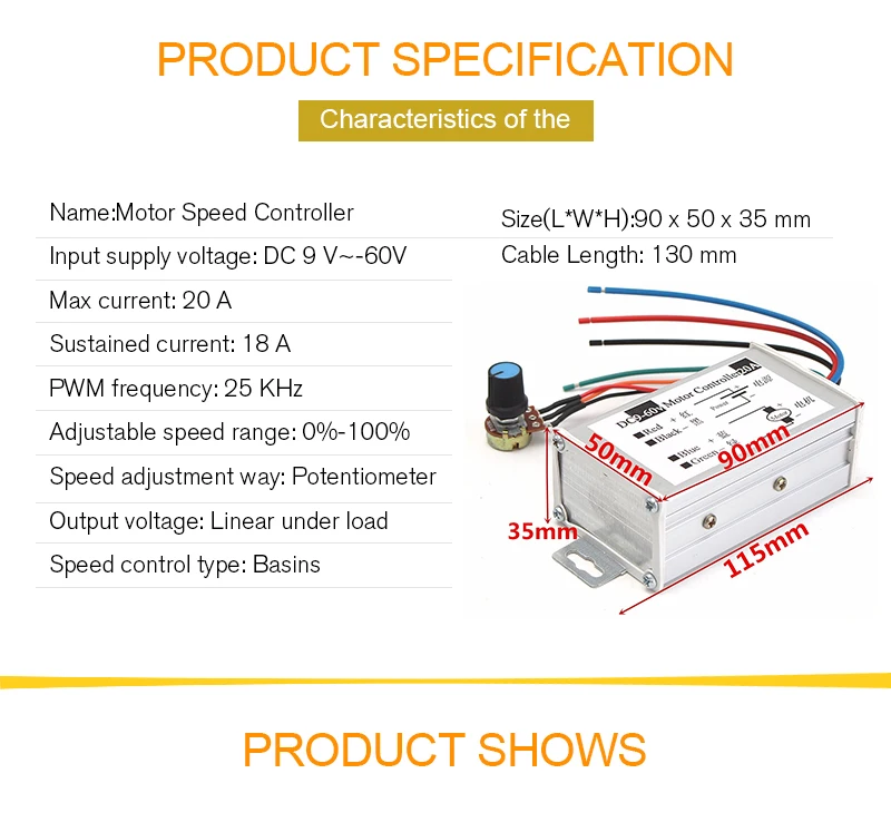 12V 24V 20A Макс. PWM двигатель постоянного тока Плавная переменная Скорость контроллер 25 кГц Лидер продаж