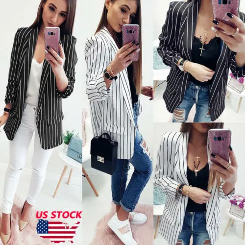 Для женщин черный белый цвет костюм в полоску топы Стильный Button Blazer Тонкий куртки