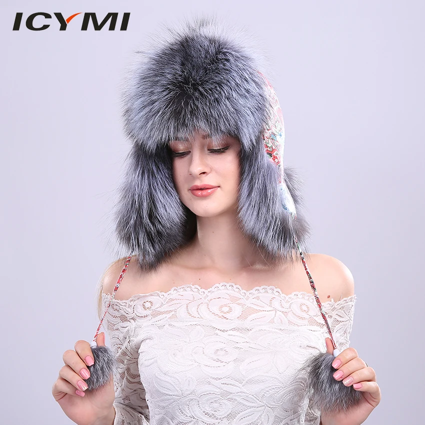 

ICYMI Quality Silver Blue Fox Fur Snowboard Cap Winter PU Leather Hat with Ears PomPom Flower Print Women's Fur Hats for Winter