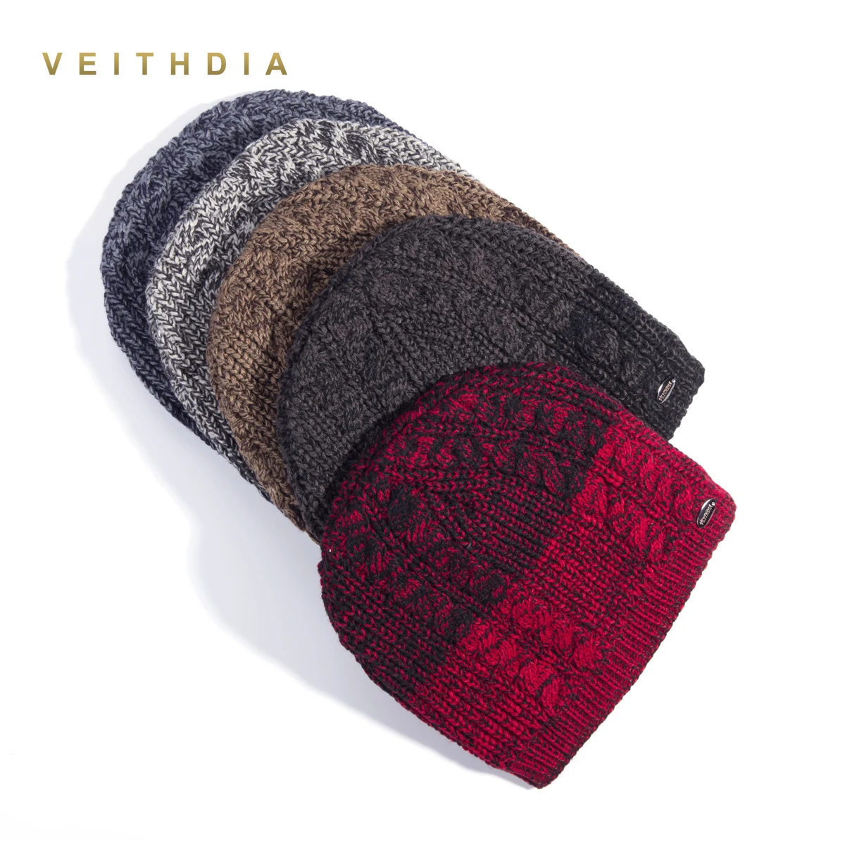Зимние мужские шапки VEITHDIA вязаные шерстяные однотонные двухслойные сохраняющие