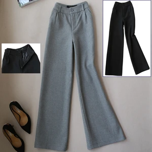 Брюки женские шерстяные с широкими штанинами, модные серые свободные прямые штаны с завышенной талией, Осень-зима