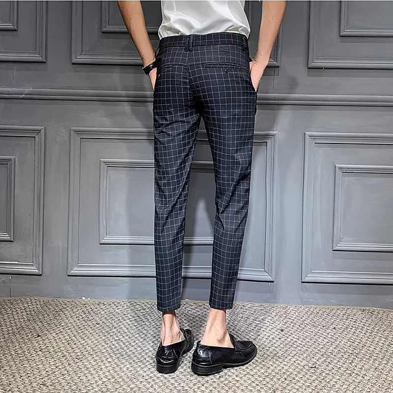 Повседневное мужское платье брюки в клетку деловой облегающий крой до щиколотки