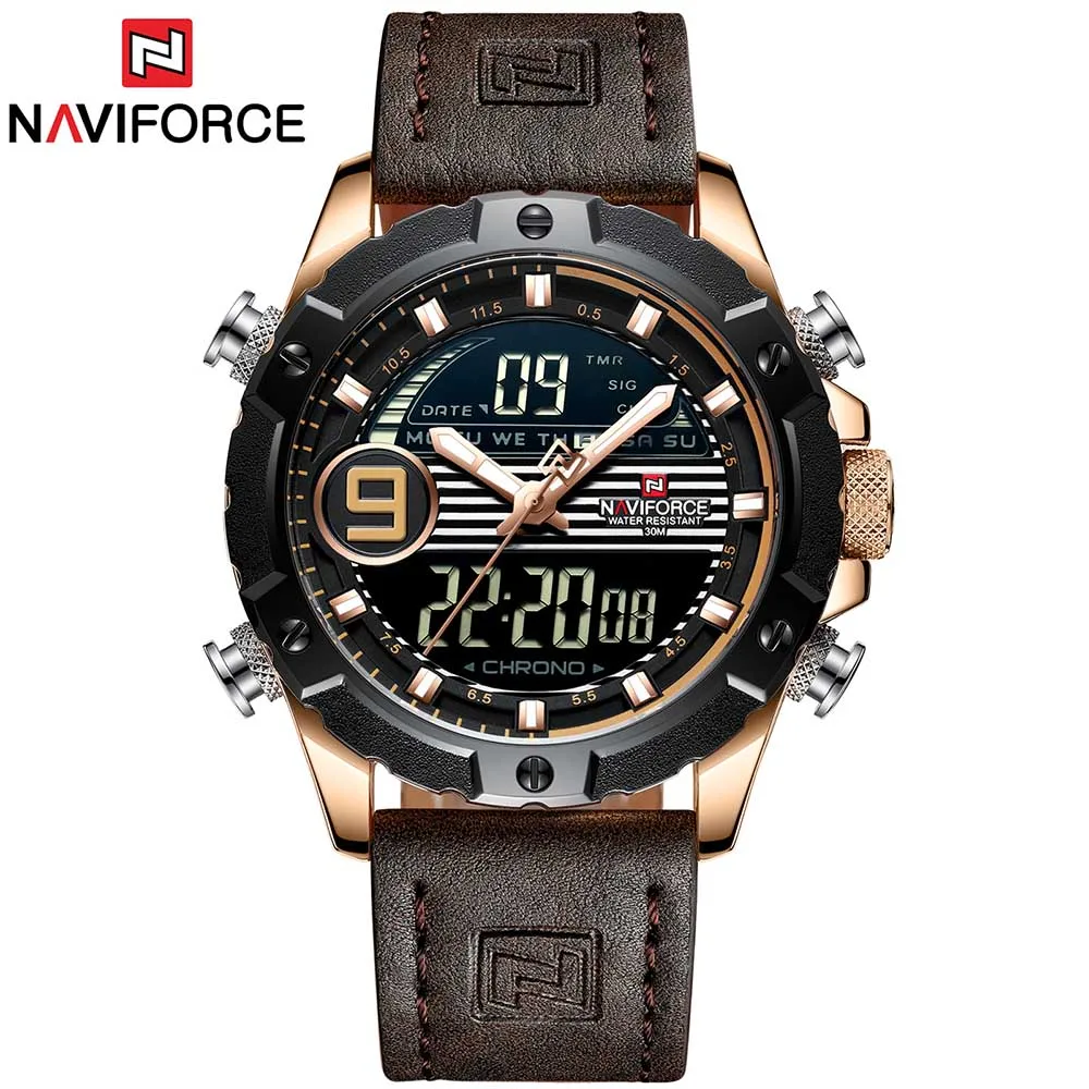 NAVIFORCE Relogio Masculio для мужчин часы Топ Элитный бренд модные спортивные часы мужской кожаный кварцевые аналоговые светодио дный - Цвет: Dark brown