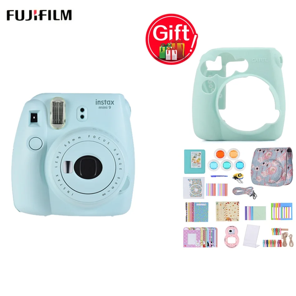 Blue Fujifilm Instax Mini 9 Instax камера+ 14 в 1 комплект аксессуаров для Fujifilm Instax Mini 9/8/8+/8s+ силиконовый мини 9 чехол для камеры - Цвет: Blue