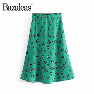 Bazaleas, Ретро стиль, высокая талия, миди юбки, тонкая, Цветочный, зеленый рисунок, Женская юбка, модная, Женская юбка, сексуальная, повседневная, Прямая поставка - Цвет: LD67 green